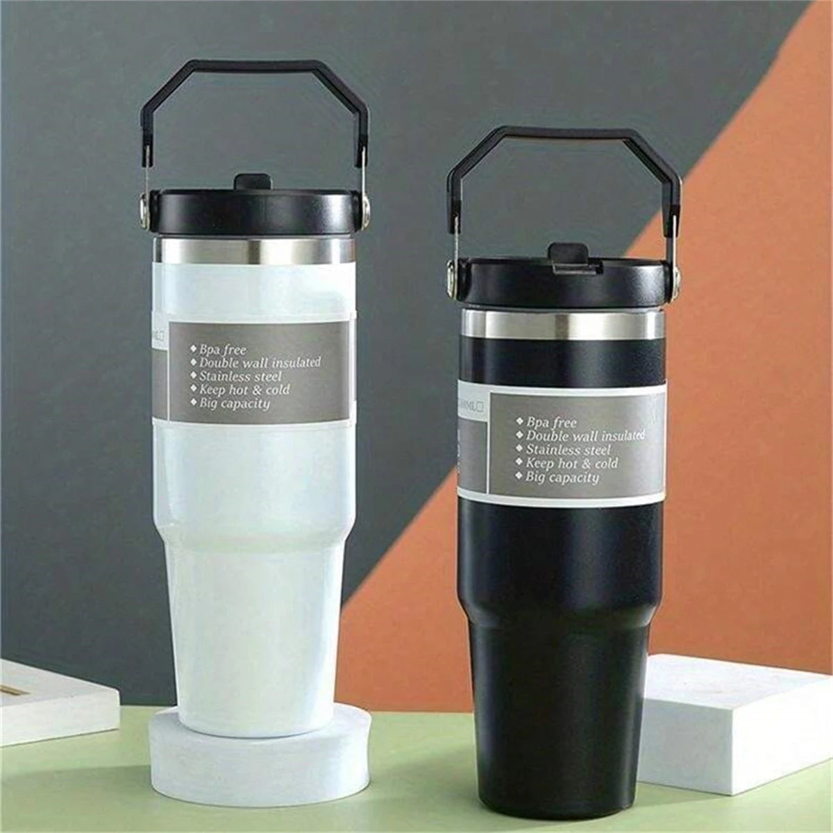 Vacuum Tumbler with Lid Stainless Steel Portable Water Bottle with Dazzling Handle Insulated Tumbler Tote Handle 20/30oZ