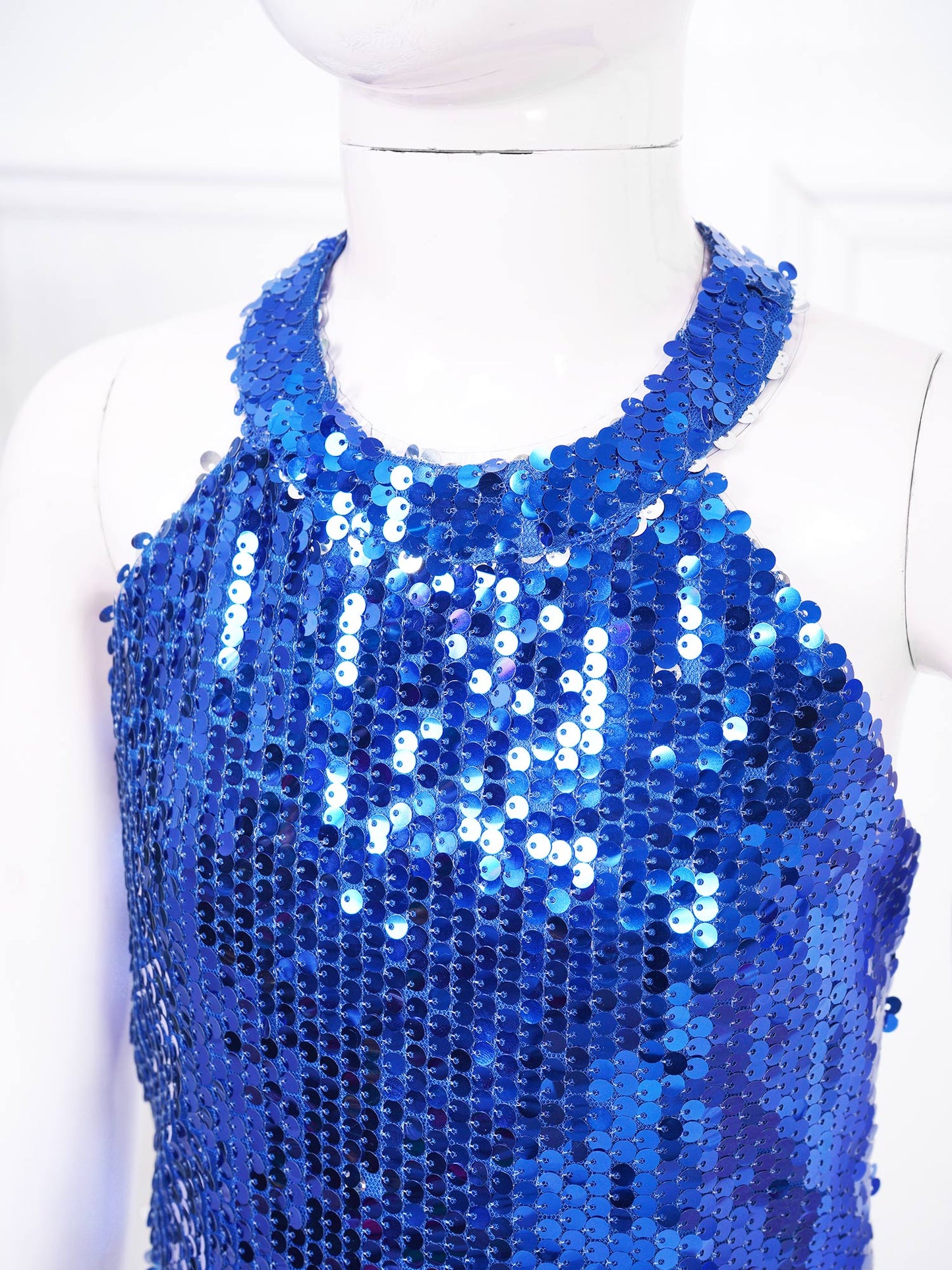 Kids Girls Jazz Dance Performance Jumpsuit Shiny Sequin Sleeveless Halter Romper Birthday Wedding Party Dancing Prom Bodysuit