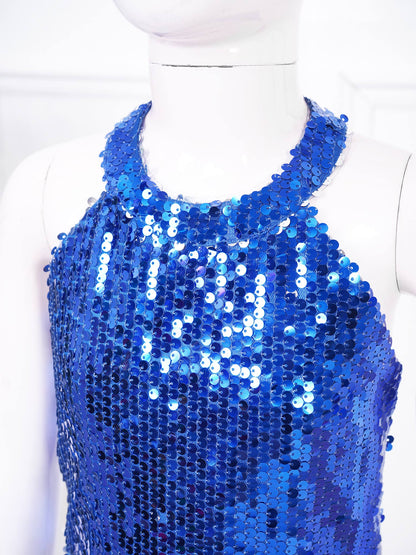 Kids Girls Jazz Dance Performance Jumpsuit Shiny Sequin Sleeveless Halter Romper Birthday Wedding Party Dancing Prom Bodysuit