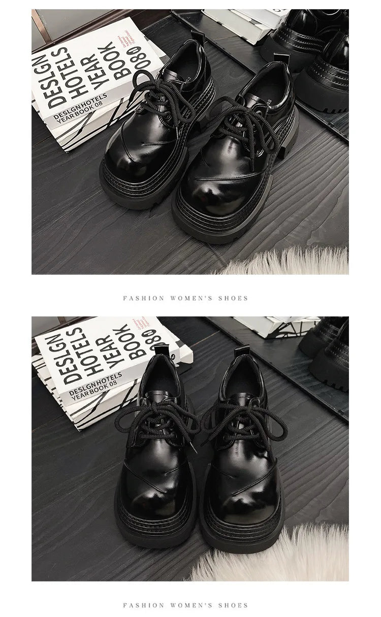 Women Retro Leather Loafers – Thick Sole Oxford Lace‑Up Platform Shoes