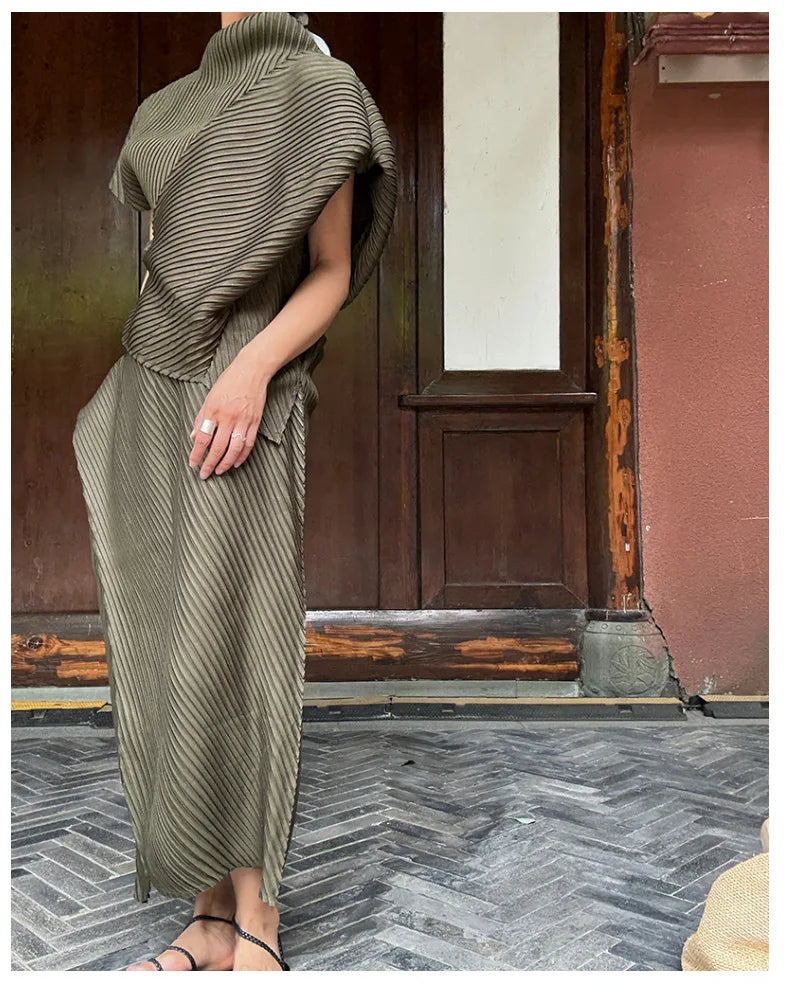 Miyake Pleated Women Set 2026 Summer New Solid Color Irregular Design T-shirt Loose Large Half Skirt Female Two Piece Set