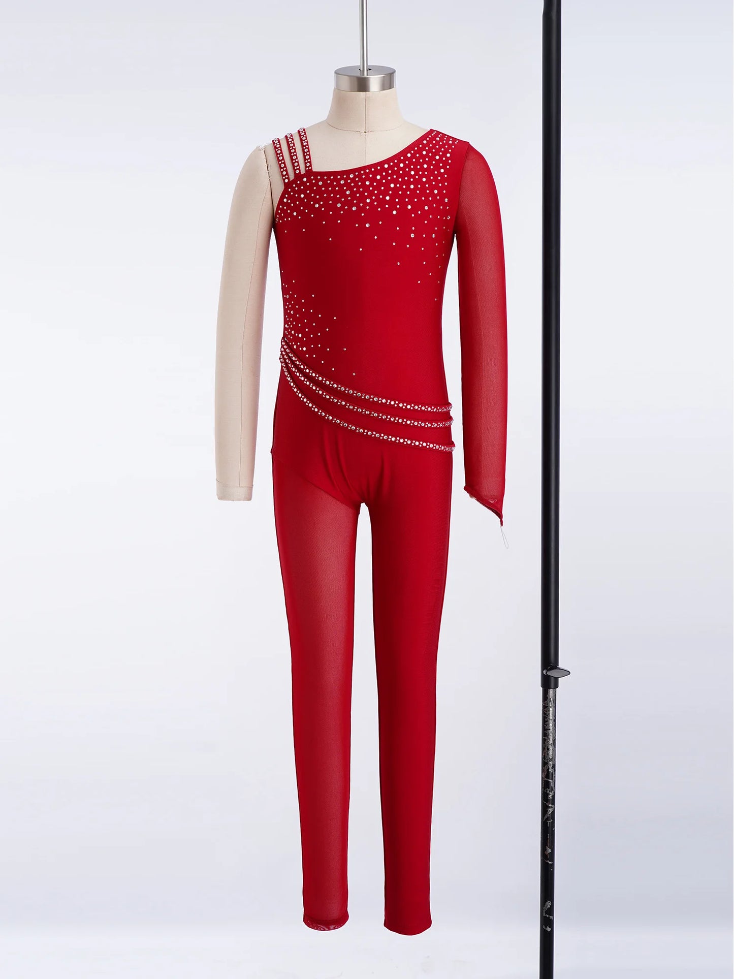 Kids Girls Ballet Dance Gymnastics Leotard Shiny Rhinestones Mesh Asymmetrical Jumpsuit for Figure Skating Acrobatic Performance