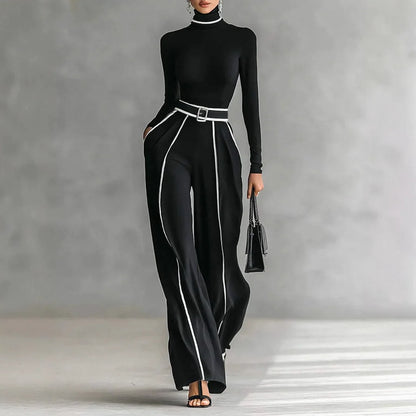Striped Print Patchwork Woman Overalls Elegant High Neck Slim Top Pullover & Wide Leg Trousers Suit Winter Outfit Suit