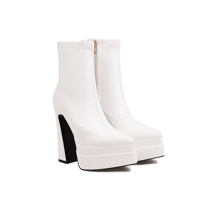 New 2026 Style Fashion High-heeled Women's Boots Solid PU Pointed Toe Zipper Platform Square Heel Women's Boots