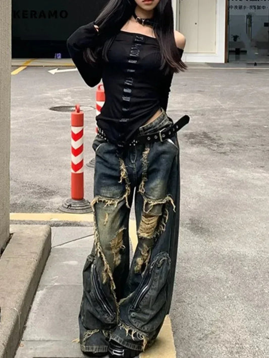 Winter Punk Sexy Vintage Ripped Harajuku Loose Jeans Y2K Hollow Out Trashy Pants Women's BaggyTassels Denim Trouser