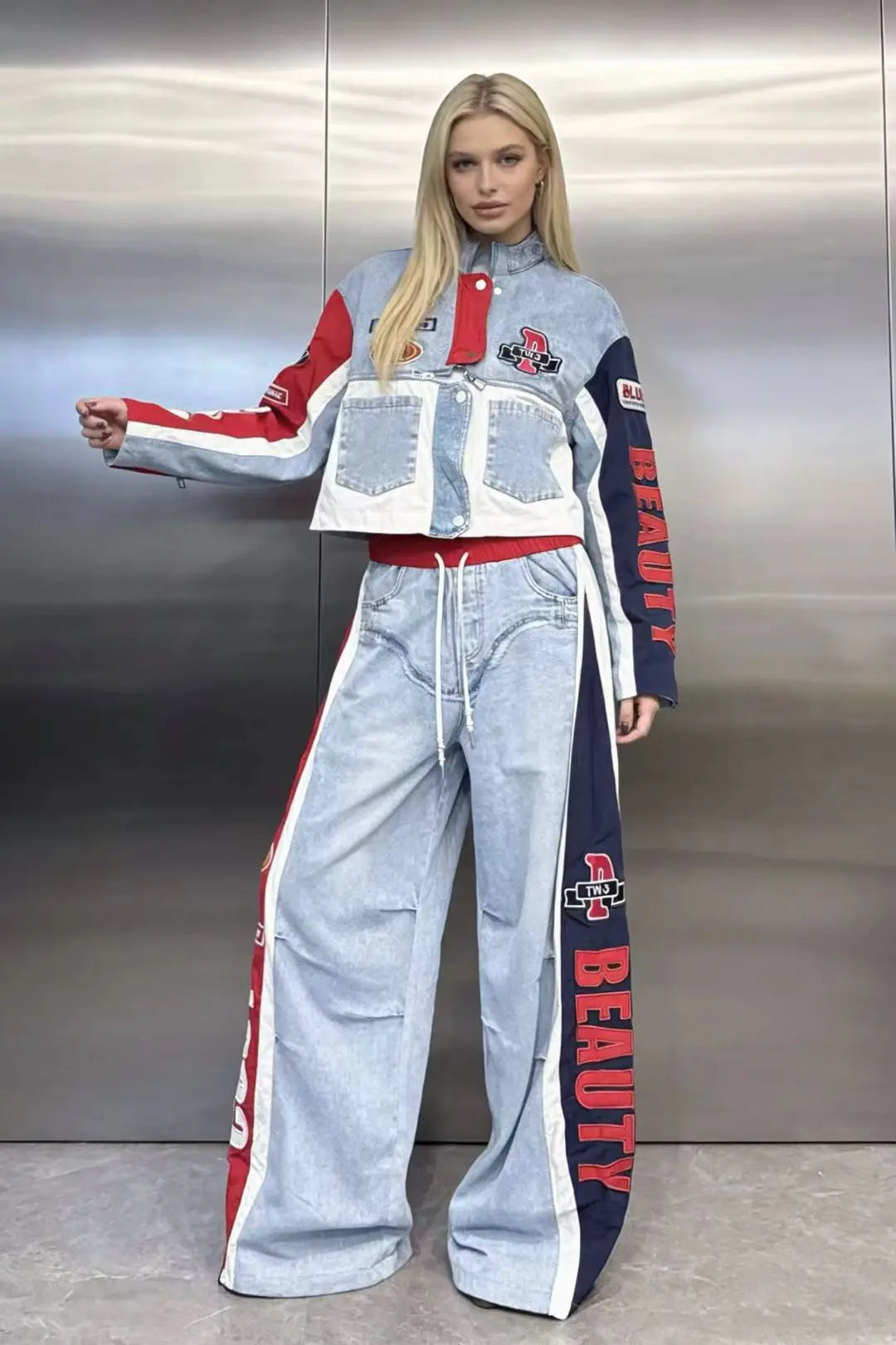 European Trend Suit Women 2026 Spring New Denim Splicing Letter Embroidered Long-sleeved Top Elastic Waist Trousers Casual Sets