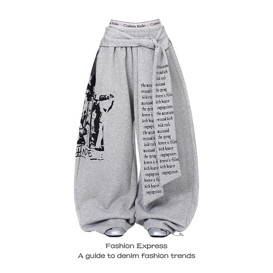 ZHIZOU Women Gray Gothic Baggy Y2k Letter Print Pants Harajuku 2000s Vintage Oversize Sweatpants Wide Leg Trousers Autumn