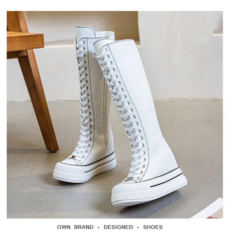 NEW Luxury Platform Boots Women Canvas Casual High Top Shoes Long Boot Lace-Up Zipper Comfortable Flat Sneakers Tenis Feminino