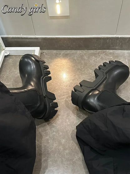 Retro Chelsea Mid-Calf for Women  New round Toe Muffin Gear Platform Black Mid-Calf Length Motorcycle Boots