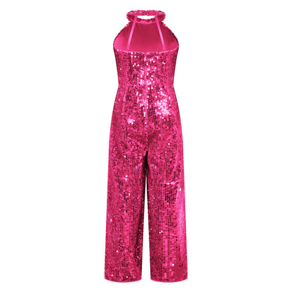 Kids Girls Jazz Dance Performance Jumpsuit Shiny Sequin Sleeveless Halter Romper Birthday Wedding Party Dancing Prom Bodysuit
