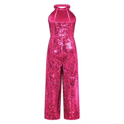Kids Girls Jazz Dance Performance Jumpsuit Shiny Sequin Sleeveless Halter Romper Birthday Wedding Party Dancing Prom Bodysuit