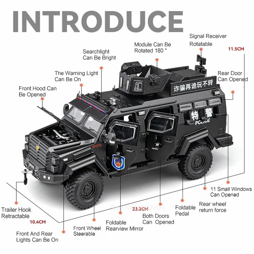 Swordtooth Tiger Police Car scale 1/24 Toy Model Alloy Diecast Explosion Proof Vehicles Door Opened Sound Light Pull Back Decoration Gift