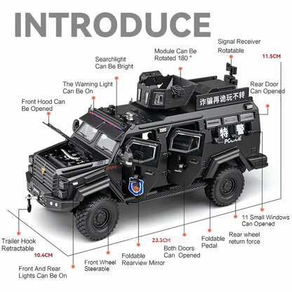 Swordtooth Tiger Police Car scale 1/24 Toy Model Alloy Diecast Explosion Proof Vehicles Door Opened Sound Light Pull Back Decoration Gift