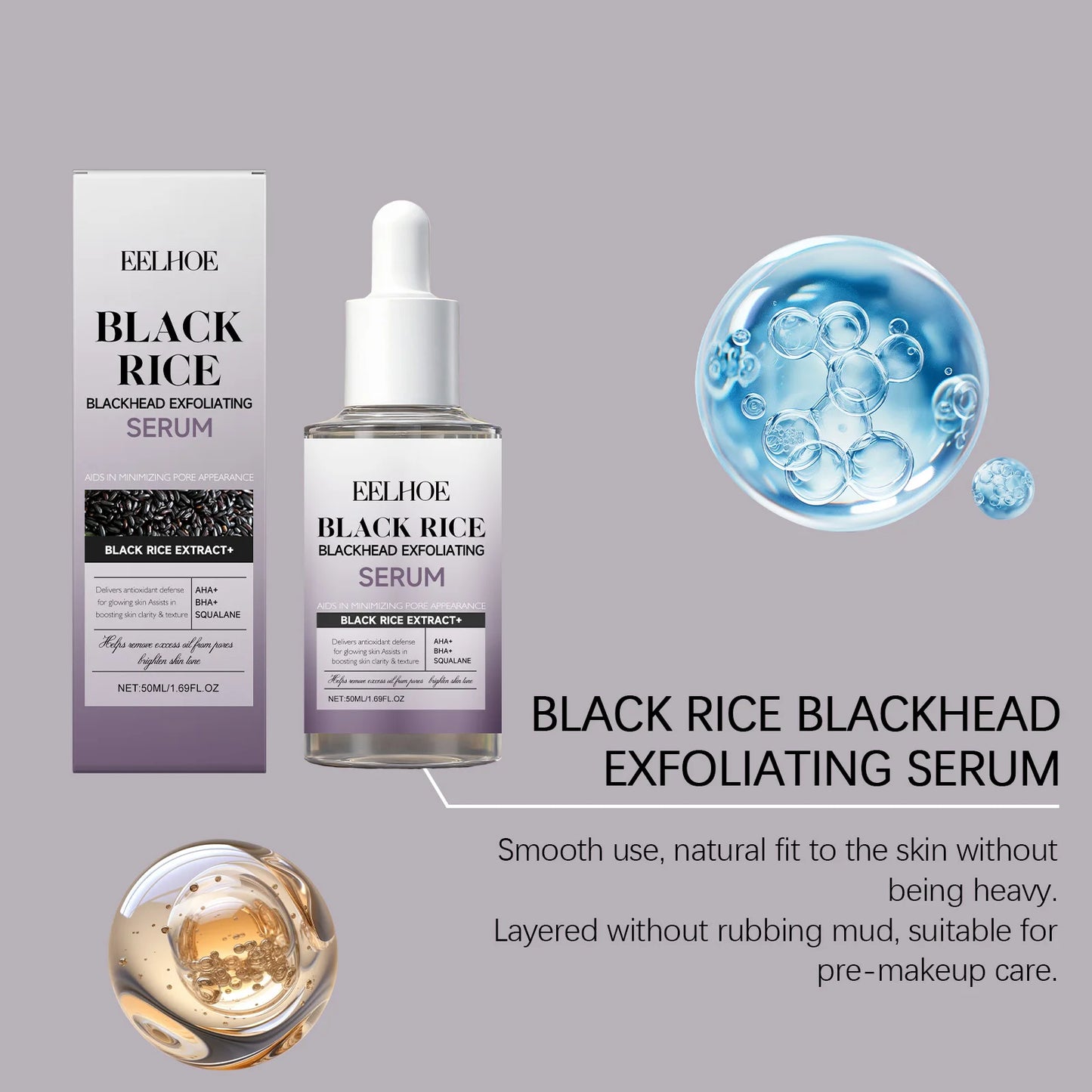 eelhoe Black Rice Exfoliating Serum Gentle Daily Facial Peel with Lactobionic Acid Squalane Hydrating Brightening Essence Glowing Skin