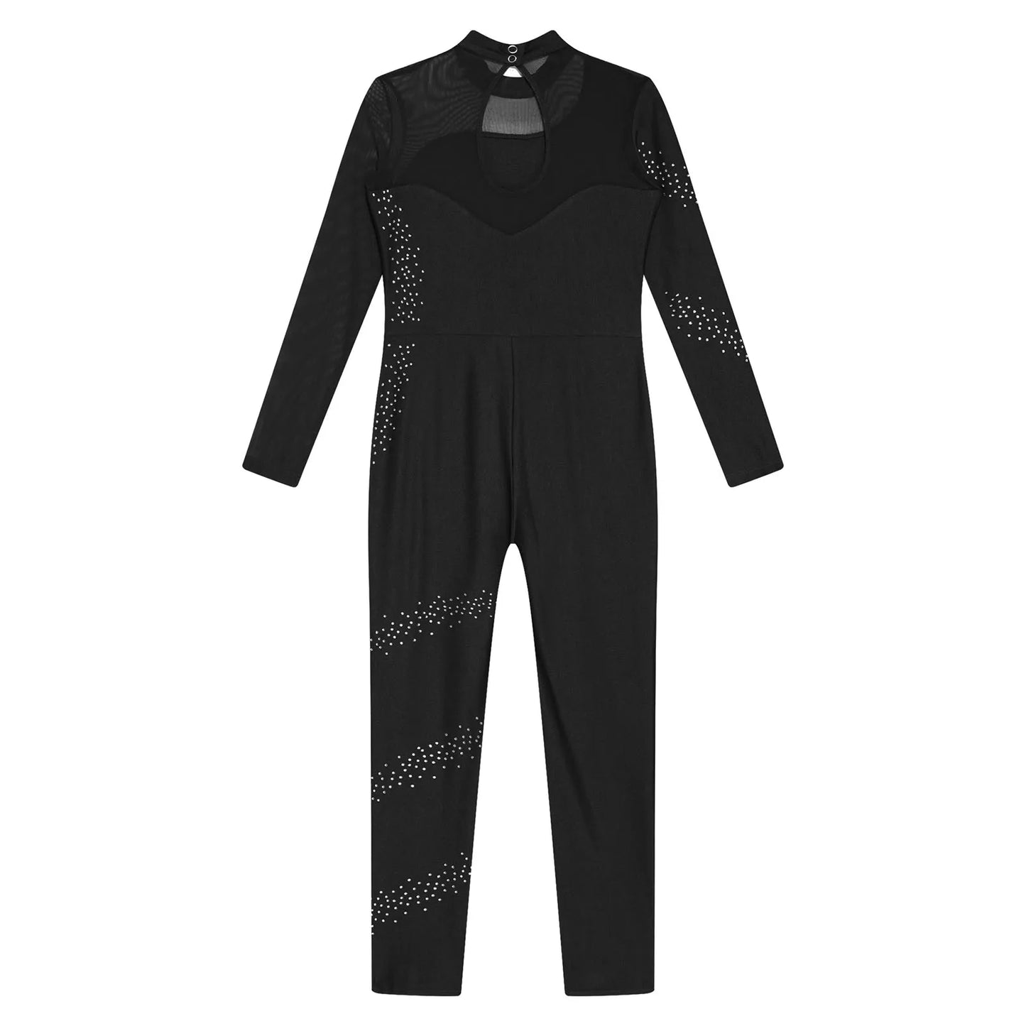 Kids Girls Ballet Dance Gymnastics Leotard Figure Skating Acrobatics Yoga Bodysuit Long Sleeve Shiny Rhinestone Mesh Jumpsuit