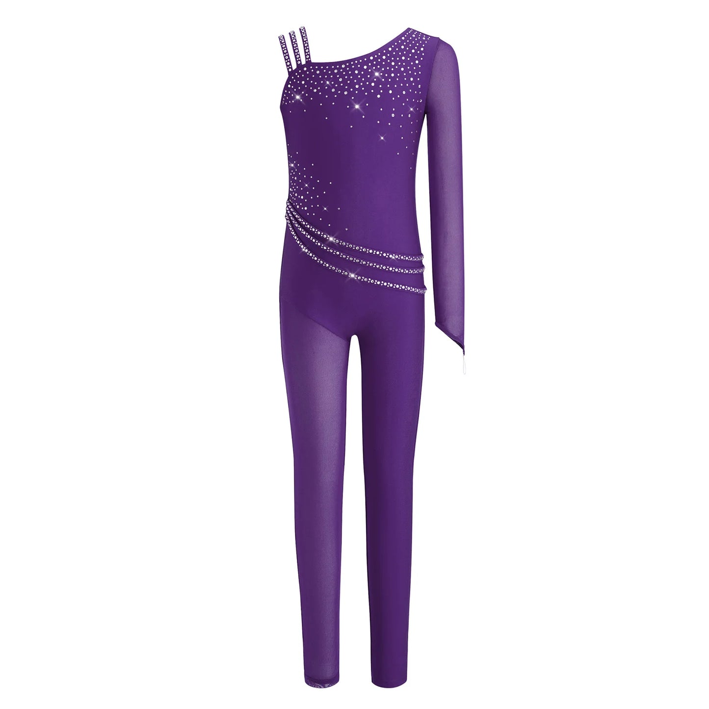 Kids Girls Ballet Dance Gymnastics Leotard Shiny Rhinestones Mesh Asymmetrical Jumpsuit for Figure Skating Acrobatic Performance