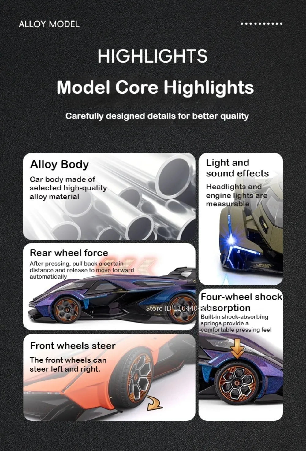 Lambor V12 Apollo EVO 1:18 Model Car Diecast Alloy Car Doors Opened Sound Light Pull Back Miniature Sportscar Collect Decoration