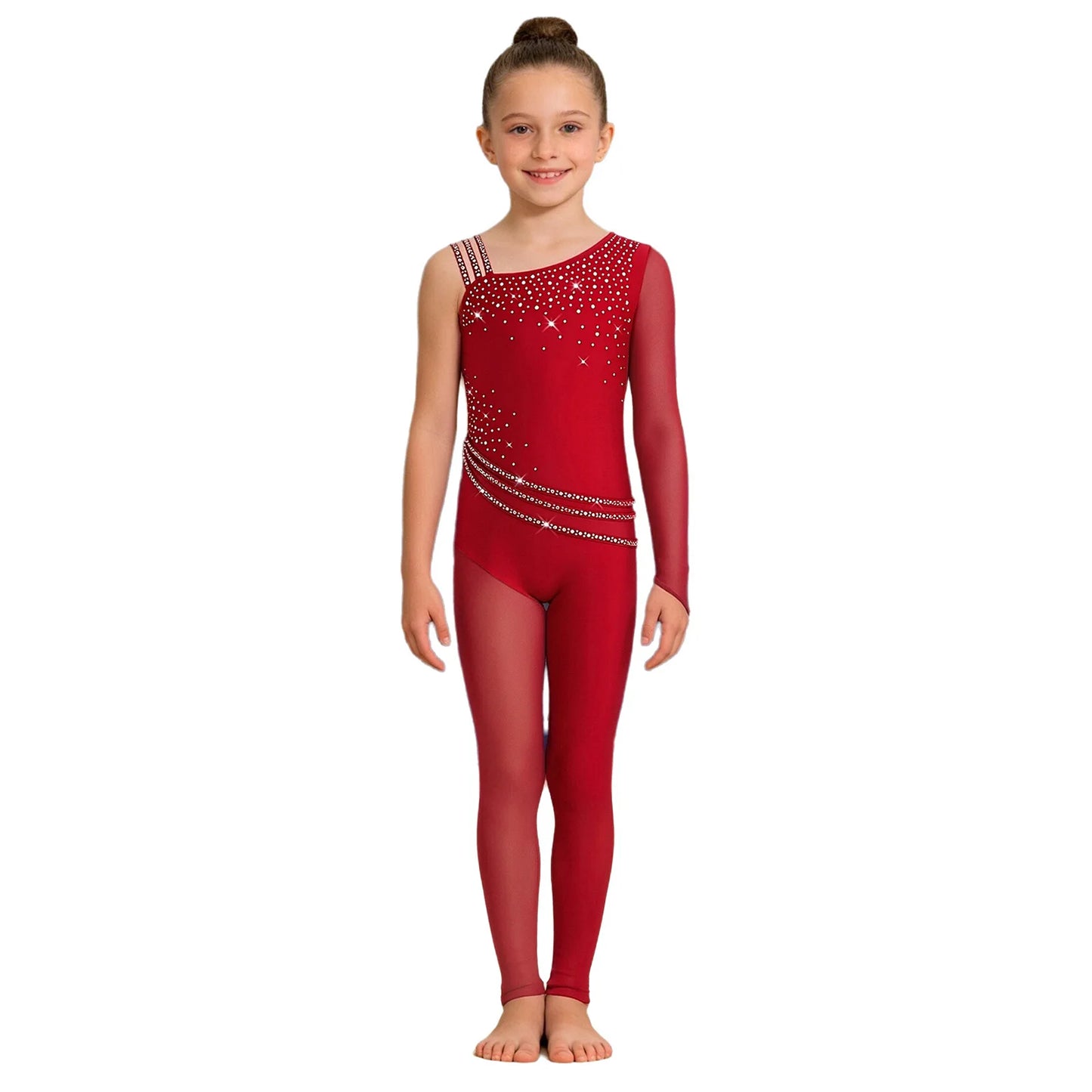 Kids Girls Ballet Dance Gymnastics Leotard Shiny Rhinestones Mesh Asymmetrical Jumpsuit for Figure Skating Acrobatic Performance