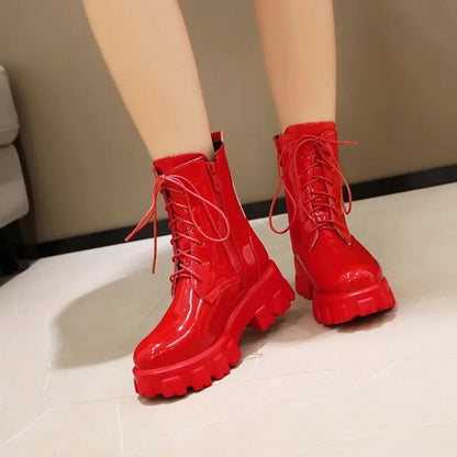 High End Women Boot Fashion Patent Leather Ankle Boots Exquisite Lace Platform Boots for Woman Luxury Designer Shoes Botas Mujer