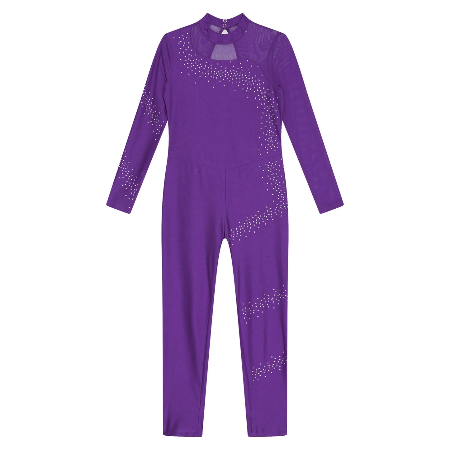 Kids Girls Ballet Dance Gymnastics Leotard Figure Skating Acrobatics Yoga Bodysuit Long Sleeve Shiny Rhinestone Mesh Jumpsuit