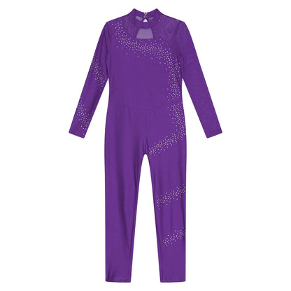 Kids Girls Ballet Dance Gymnastics Leotard Figure Skating Acrobatics Yoga Bodysuit Long Sleeve Shiny Rhinestone Mesh Jumpsuit
