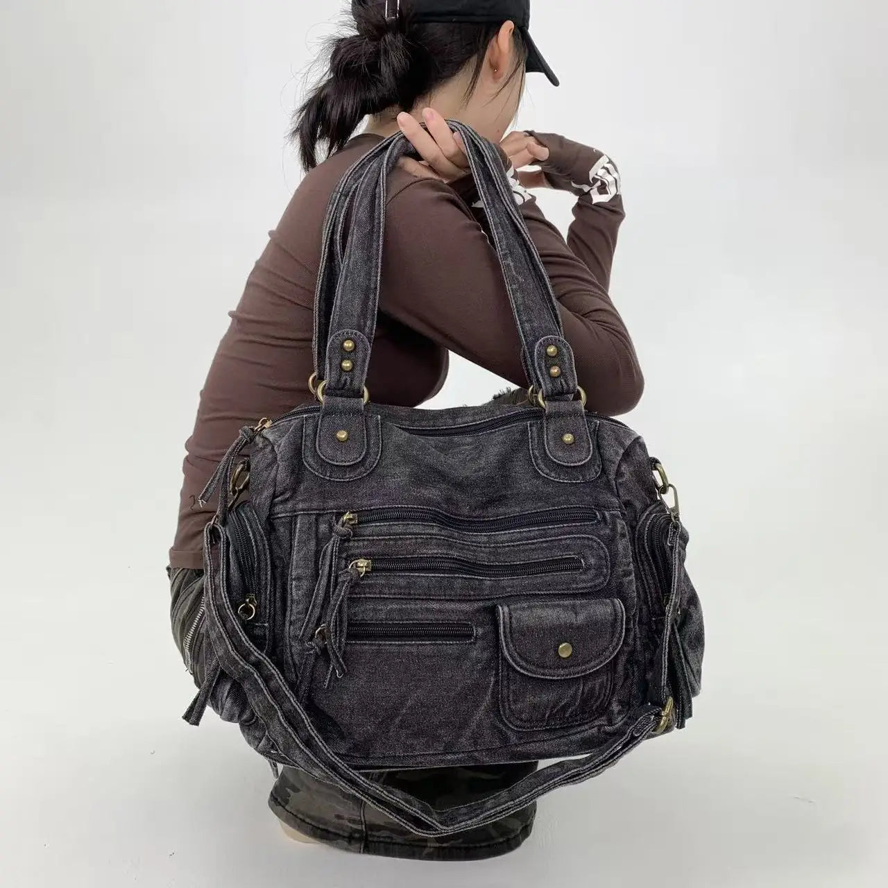 Y2K Street Personalized Women's Multi Pocket Shoulder Bag Large Capacity Retro Motorcycle Tote Bag