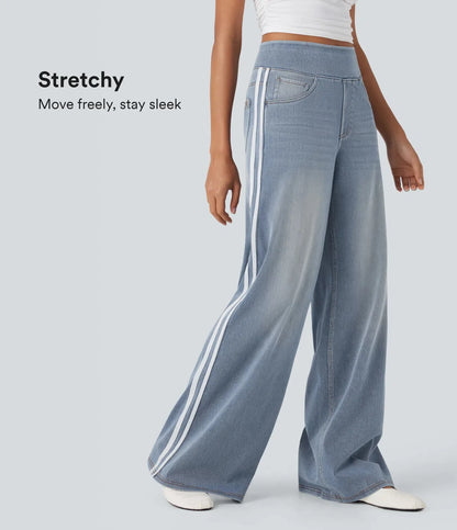 Retro Washed Blue Side Stripe Jeans Women's Y2K High Street Loose Wide Leg Pants Casual Comfortable High Waist Denim Jeans