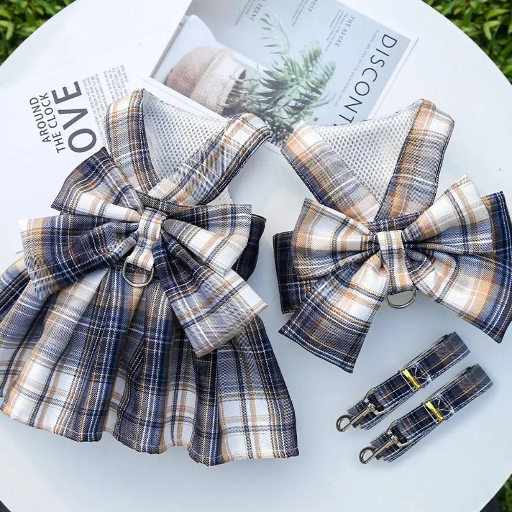Reusable with Leash Traction Dog Plaid JK Dress Thin Dacron Pet Harness Skirt Adjustable Washable Dog Bow Skirt Rabbit