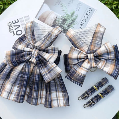 Reusable with Leash Traction Dog Plaid JK Dress Thin Dacron Pet Harness Skirt Adjustable Washable Dog Bow Skirt Rabbit
