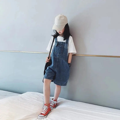 Girls' Fashionable Denim Overalls Medium Big Children's Casual Loose Denim Shorts Korean Style Baby Girl's Denim Overalls Shorts