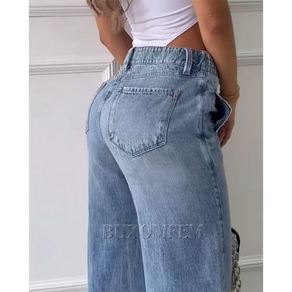 Women's Slit Flared Pants Female Individualretro Loose Jeans Front Striped Long Trousers Y2k Streetwear Elegant Pant Bottoms