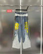 Trendy Summer Women Two-piece Set Colorblock Lace Splicing Denim Short Sleeve Shirt Top Elastic High Waist Wide Leg Casual Jeans