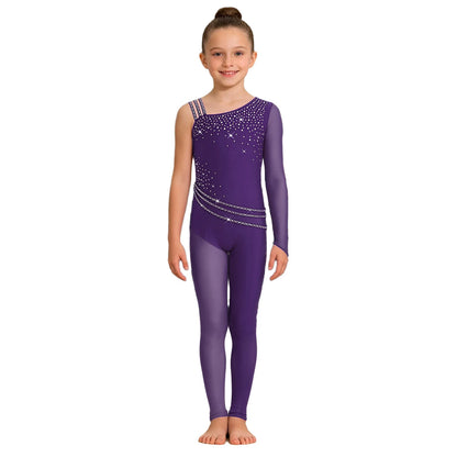 Kids Girls Ballet Dance Gymnastics Leotard Shiny Rhinestones Mesh Asymmetrical Jumpsuit for Figure Skating Acrobatic Performance
