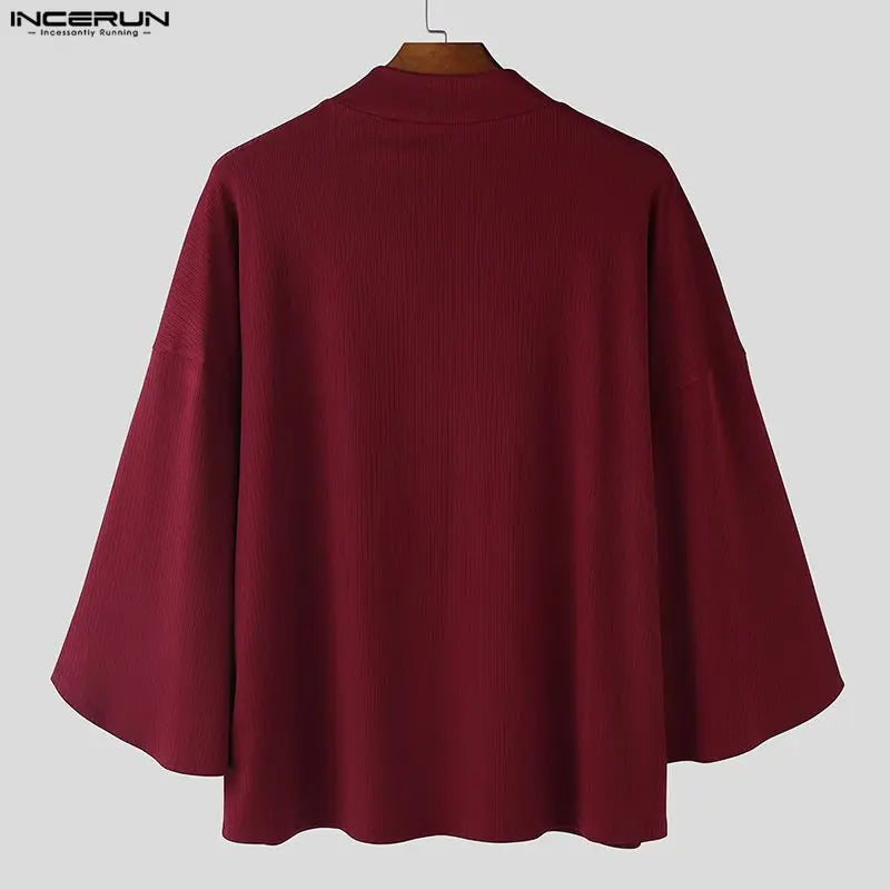 INCERUN Men T Shirt Solid Turtleneck 3/4 Sleeve Fashion Male Tee Tops Knitted Korean Style Streetwear 2026 Casual Men Clothing