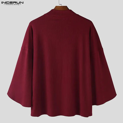 INCERUN Men T Shirt Solid Turtleneck 3/4 Sleeve Fashion Male Tee Tops Knitted Korean Style Streetwear 2026 Casual Men Clothing