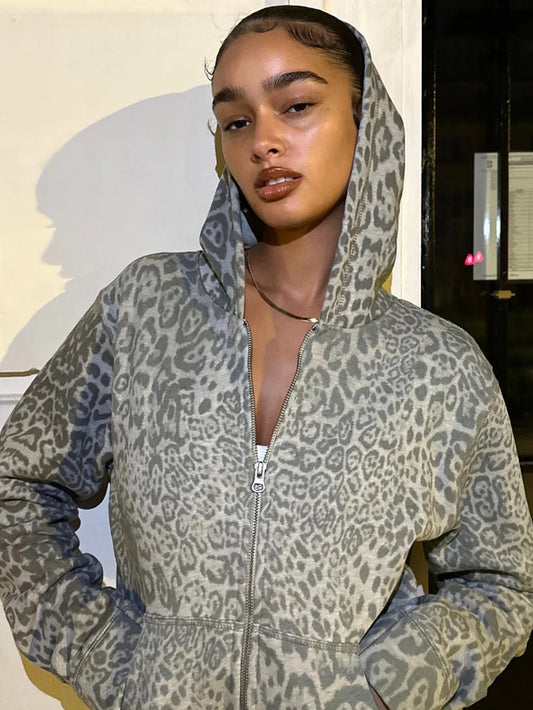 Women's Leopard Print Pocket Zip Up Jacket, Casual Long Sleeve Cheetah Print Hooded Outerwear for Spring & Fall