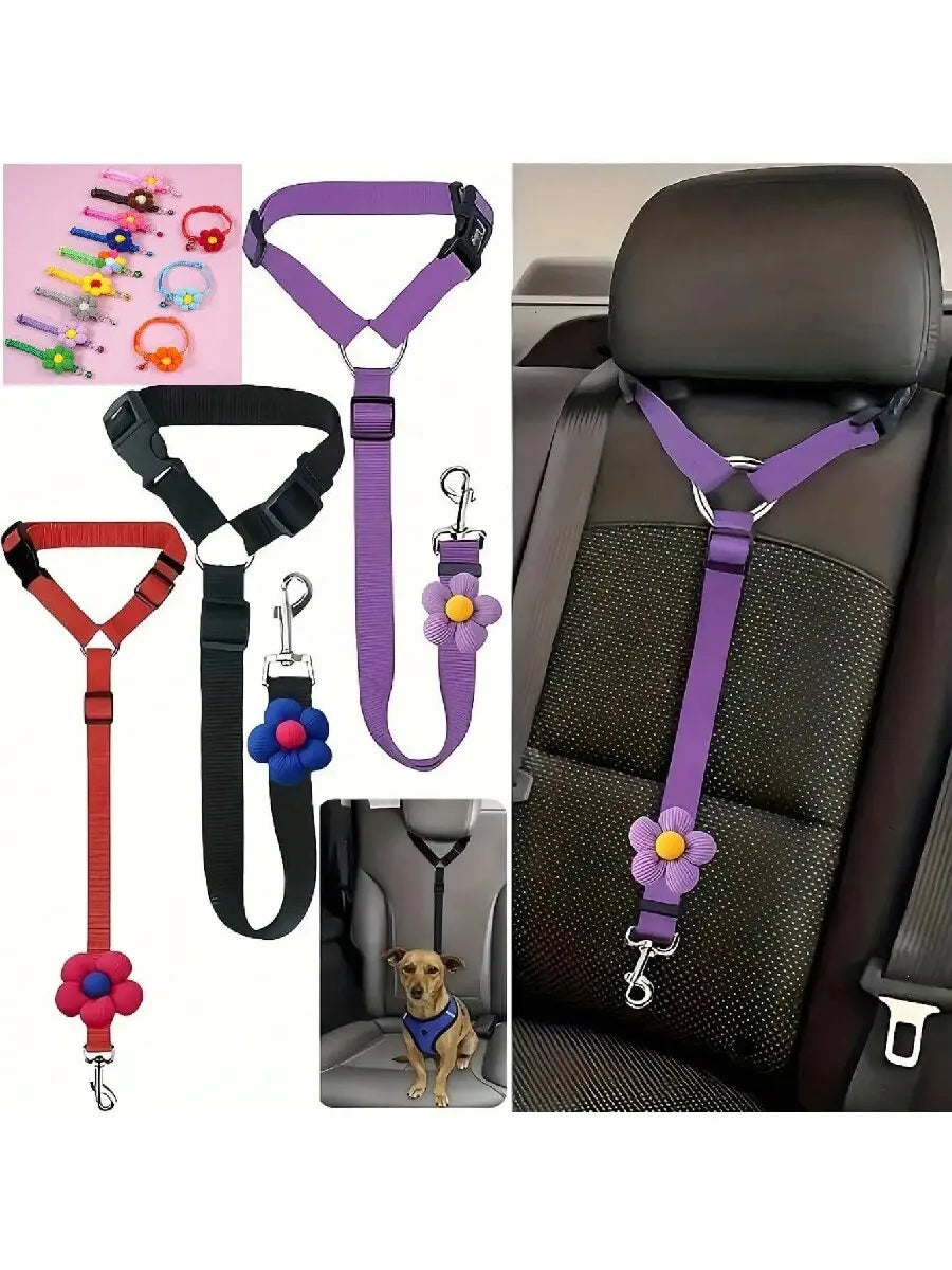 Solid Color Two-in-one Pet Car Seat Belt Nylon Lead Leash Backseat Safety Belt Adjustable Dogs Harness Collar Pet Accessories