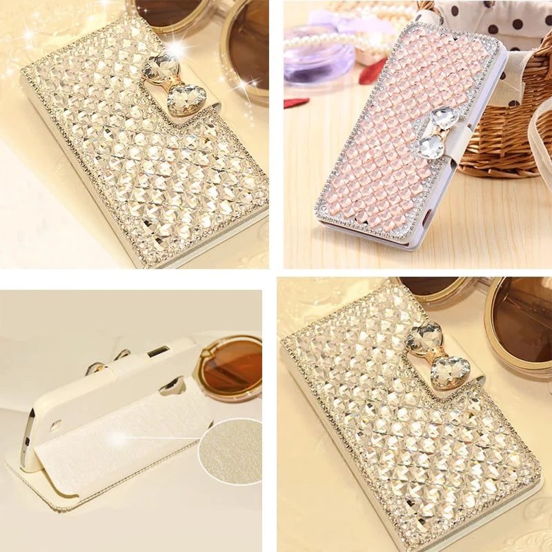 Luxury Diamond Leather Case For iPhone 17 Air 16 15 14 Plus 12 13 11 Pro Max XR X XS Flip Stand Glitter Protection Cover Funda