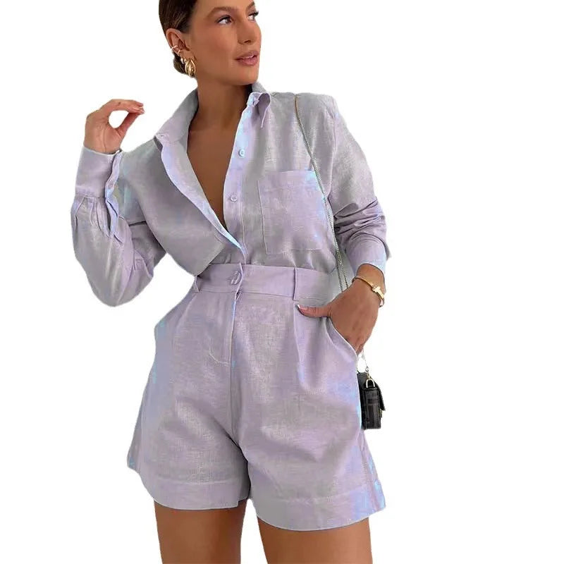 New Women's Long Sleeve 2-Piece Set Casual Button Detail Shorts Outfit Shirt Top Summer Fashion Female Suit Y2k Clothing