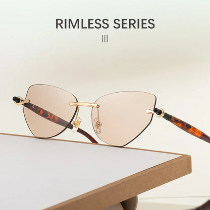 Sexy Cat Eye Punk Rimless Sunglasses Women Luxury Brand Retro Steampunk Polygon Sun Glasses For Ladies Fashion Shades UV400