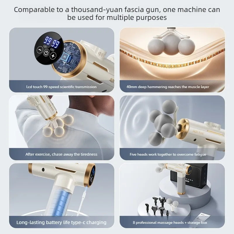 Professional Five-head Fascia Gun Massage For Shoulder and Neck Muscle Relaxation Full Body Waist Back Silent Massage Gun