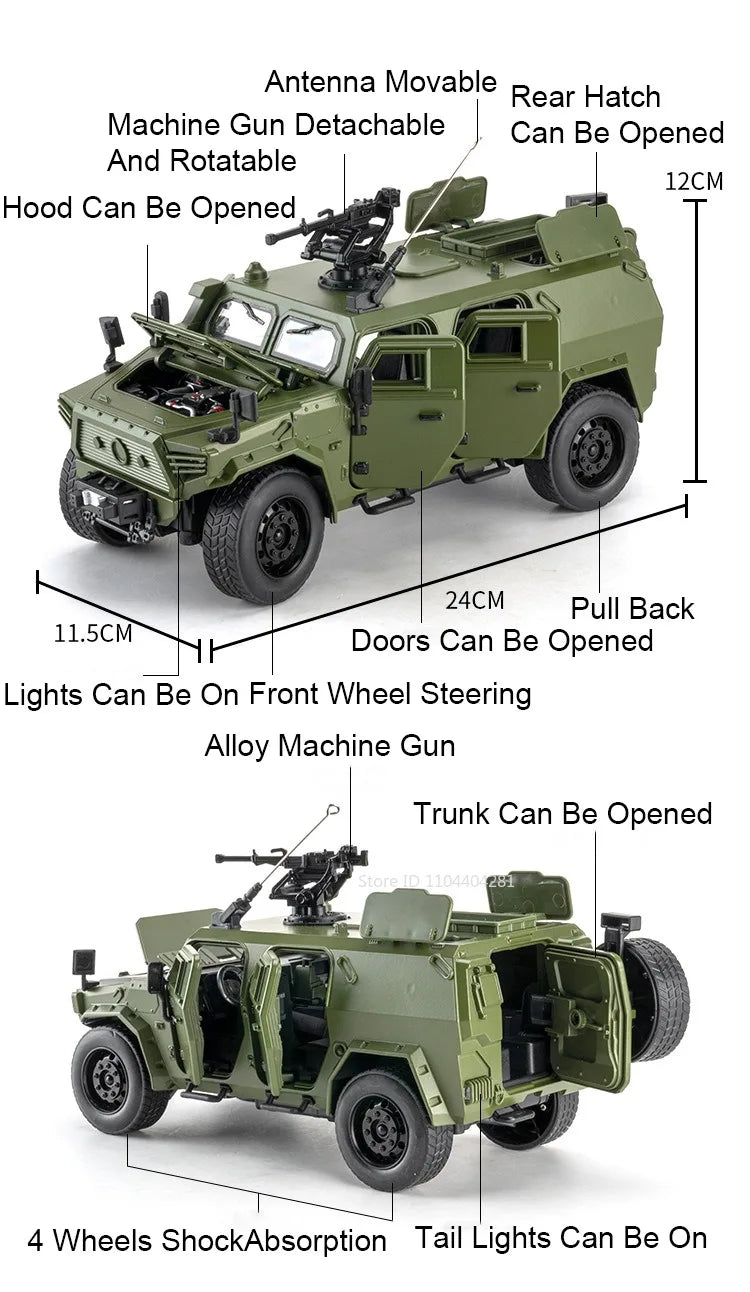 Dongfeng M-Terrain 1:18 Alloy Car Toys Miniature Model Diecast Military Vehicle Sound Light Pull Back Doors Opened Kid Xmas Gift