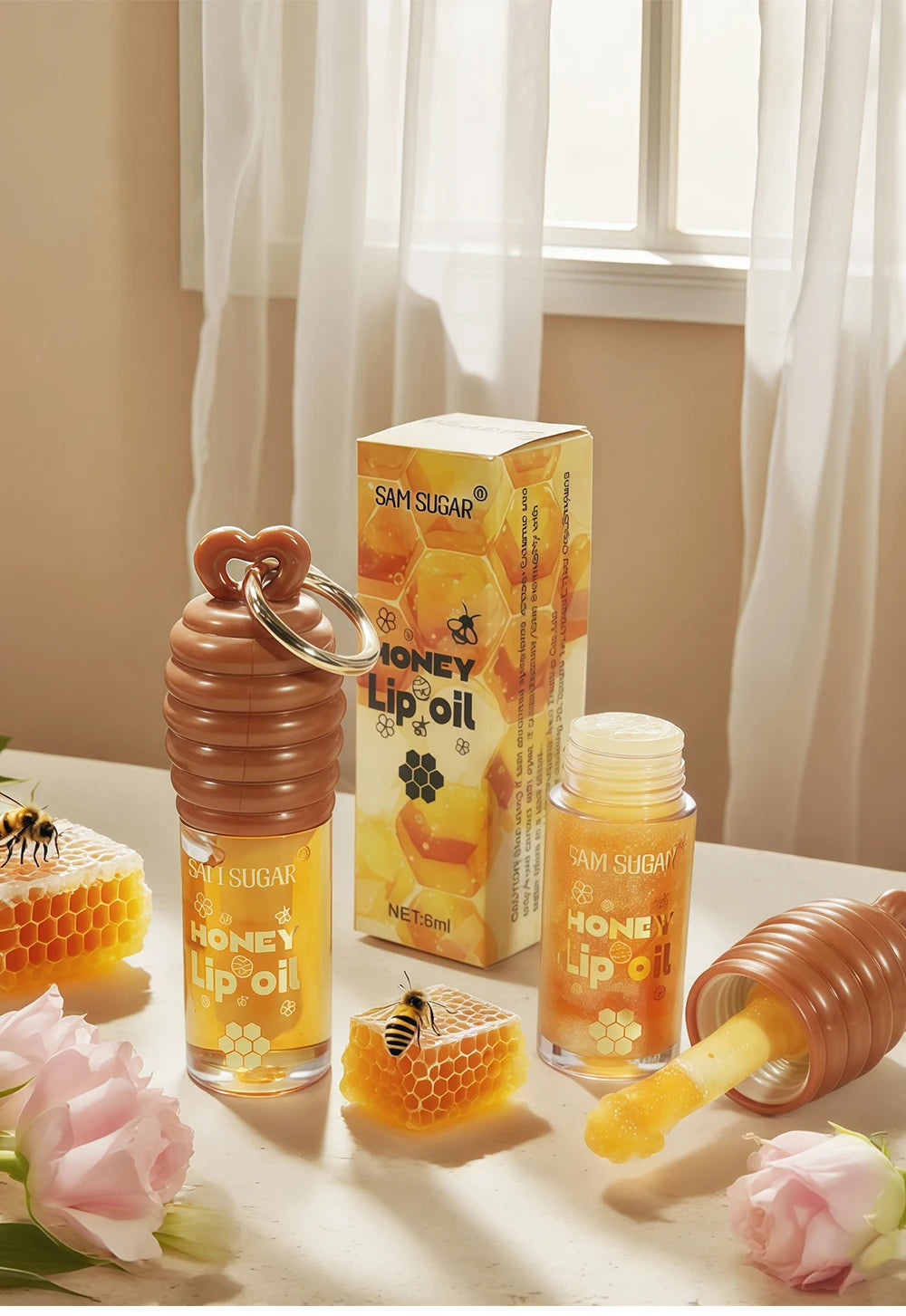 SAM SUGAR 2-Color Honey Essence Lip Oil Long-Lasting Moisture, Reduces Lip Lines Transparent Hydrating Lip Gloss