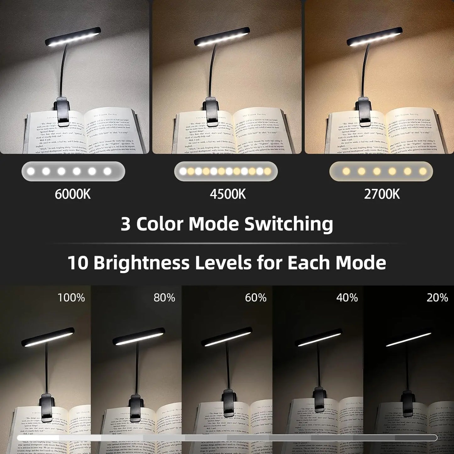 Eye Caring Clip-on Reading Book Light 3 Colors 10 Brightness USB Rechargeable Flexible Easy Clip For Piano Lamp Sheet Music Read