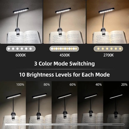 Eye Caring Clip-on Reading Book Light 3 Colors 10 Brightness USB Rechargeable Flexible Easy Clip For Piano Lamp Sheet Music Read