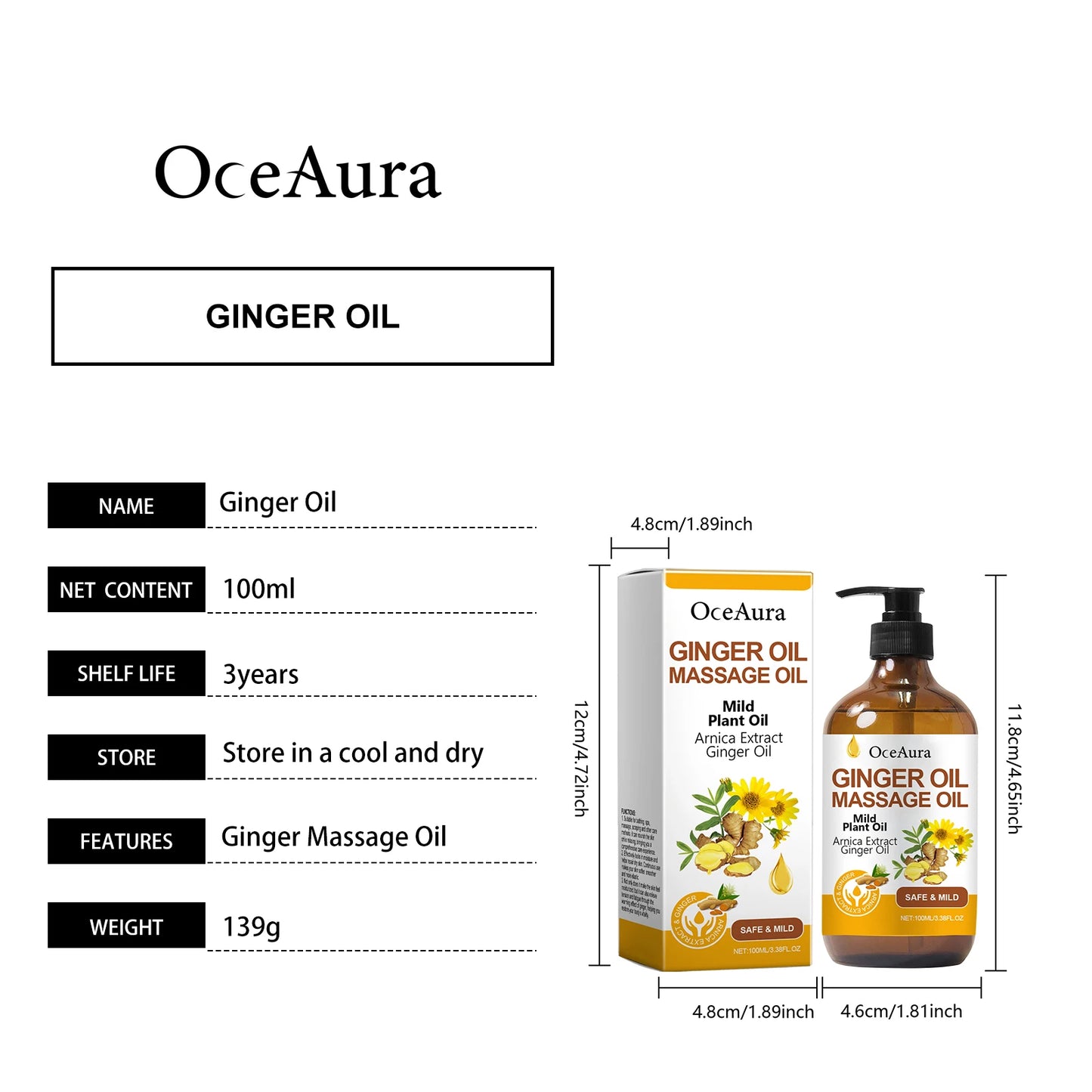 OceAura Ginger Oil Smooth Skin Firming Relax Muscle Boost Blood Circulation Adult Stress Reliever Deep Nourish Body Massage Oil