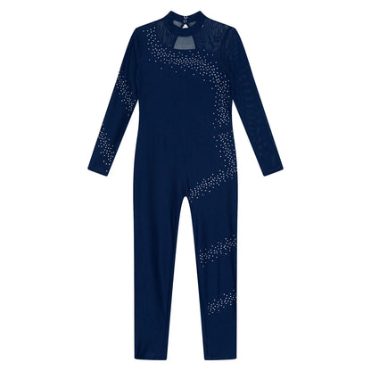 Kids Girls Ballet Dance Gymnastics Leotard Figure Skating Acrobatics Yoga Bodysuit Long Sleeve Shiny Rhinestone Mesh Jumpsuit