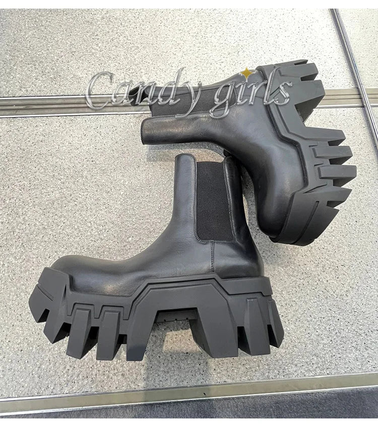 Retro Chelsea Mid-Calf for Women  New round Toe Muffin Gear Platform Black Mid-Calf Length Motorcycle Boots