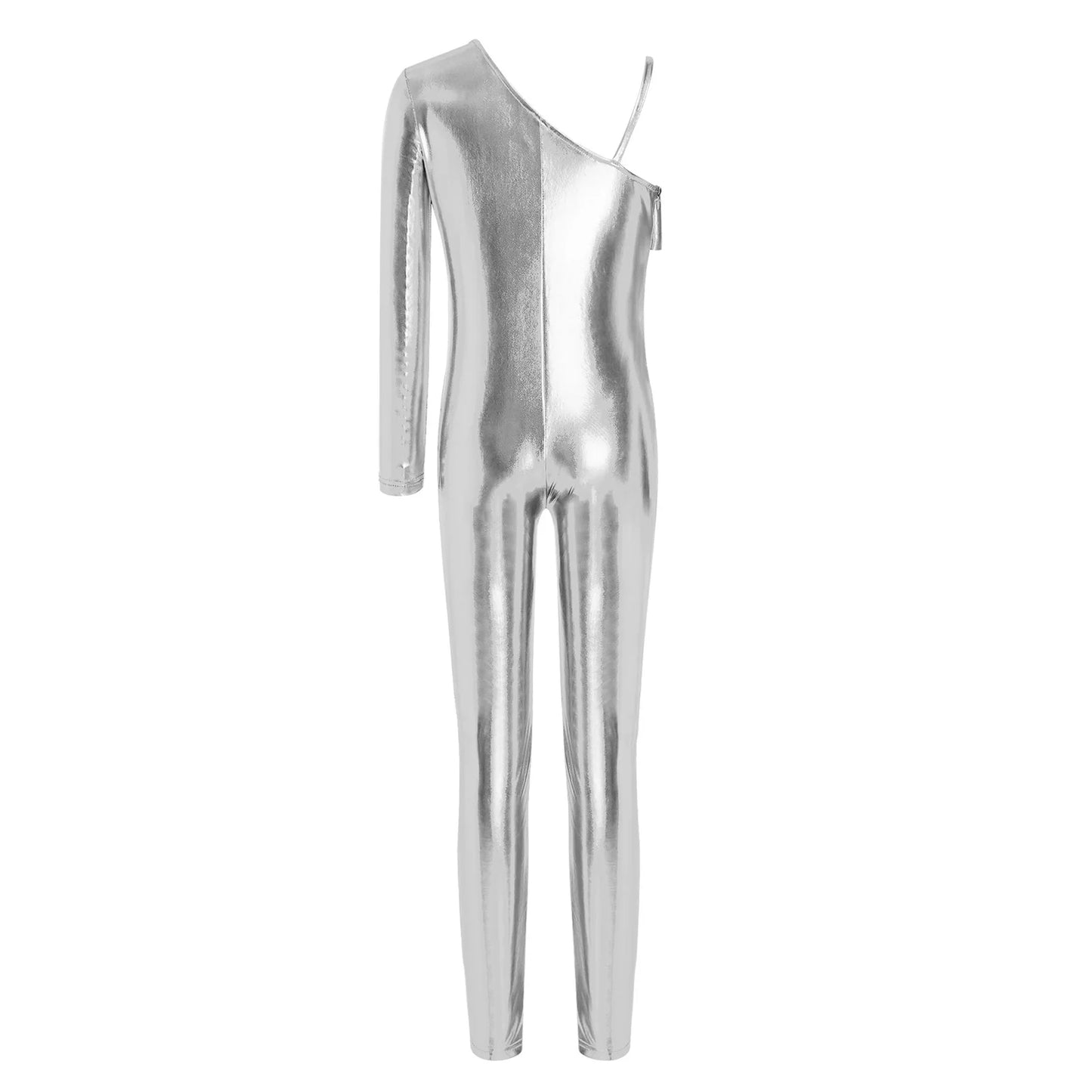 Kids Girls Metallic Shiny Ballet Dance Unitards Figure Skating Acrobatics Gymnastics Leotard One Shoulder Long Sleeve Jumpsuit