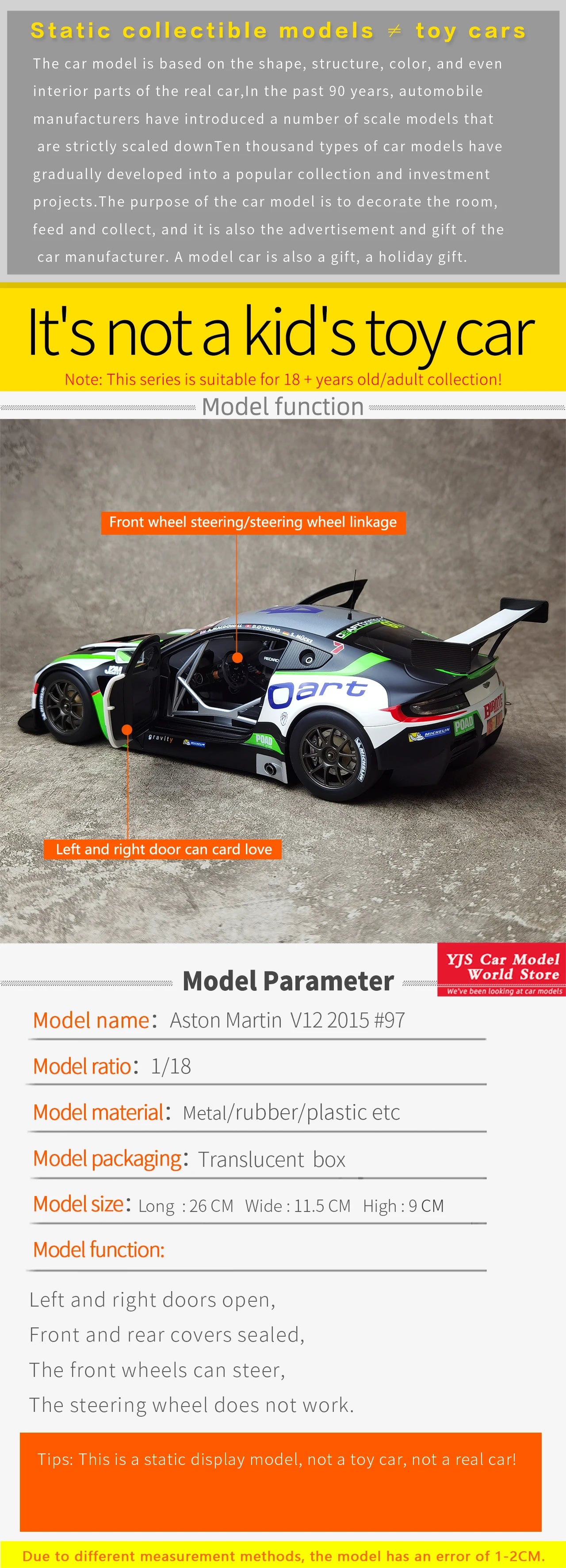 AUTOART Edition 1/18 Aston Martin VANTAGE V12 BATHURST 12HOUR #97 2015 Racing Car Model